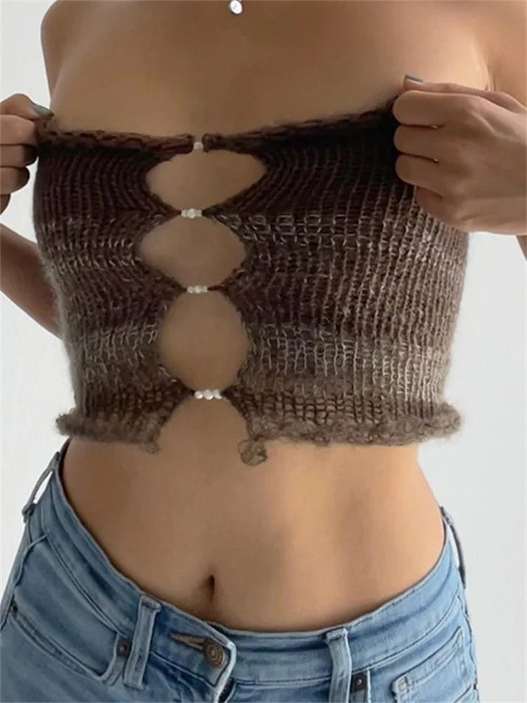 Sexy Backless Tube Y2K Hollow Out Knitted 2024 Summer Sleeveless Strapless Sexy Mini Vest Club Crop Top Zippered Buttoned Snapped Sexy Backless Tube Y2K Hollow Out Knitted 2024 Summer Sleeveless Strapless Sexy Mini Vest Club Crop Top Zippered Buttoned Snapped