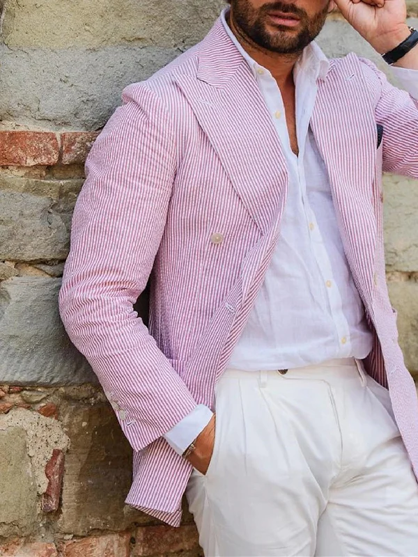 Men's Seersucker Fashion Office Pinstripe Blazer Jacket Toggled Jacket Drawstring Jacket Belted Jacket