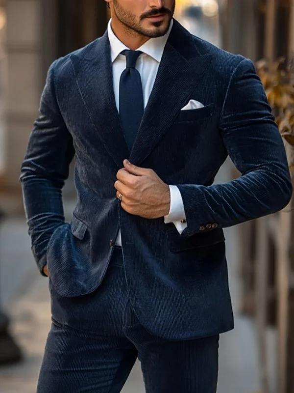 Navy Blue Men's Corduroy Solid Standard Single Breasted Two-buttons Party Suits Jacket Satin Jacket Silk Jacket Chiffon Jacket