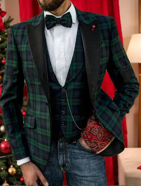 Green Men's Tailored Fit Single Breasted Two-buttons Plaid Casual Jacket Hoodie Zip-Up Jacket Button-Up Jacket