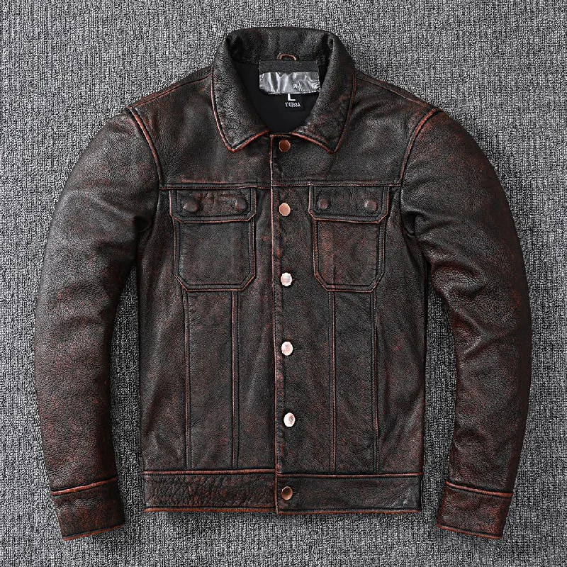 Vintage Cowhide Leather Overcoats Jackets for Men Cotton Jacket Linen Jacket Terry Jacket