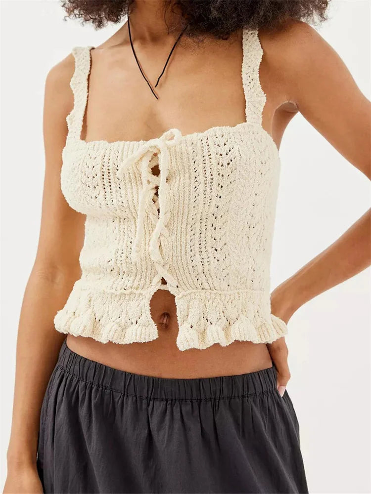 Women Crochet Knitted Mini Vest Summer Clubwear Y2K Square Neck Sleeveless Tie Up Vintage Casual Streetwear Crop Top Silk Blend Satin Velvet Women Crochet Knitted Mini Vest Summer Clubwear Y2K Square Neck Sleeveless Tie Up Vintage Casual Streetwear Crop Top Silk Blend Satin Velvet