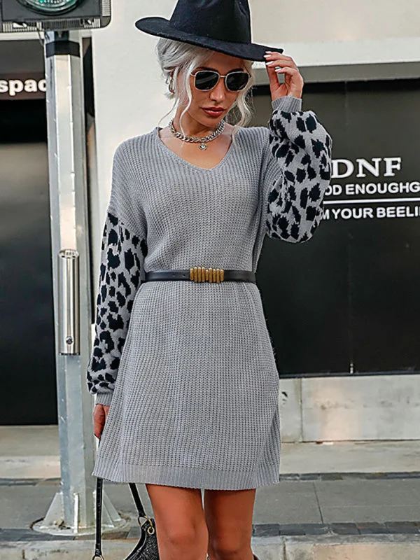 Blue Zone Planet | leopard print splicing loose sweater dress (without belt) Collared Crew Neck Turtle Neck Blue Zone Planet | leopard print splicing loose sweater dress (without belt) Collared Crew Neck Turtle Neck