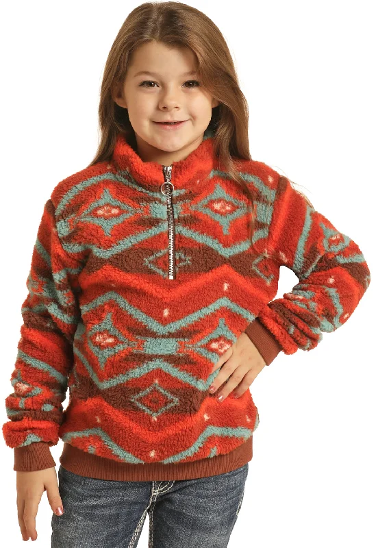 Rock & Roll Girls' Vibrant Aztec Sherpa Pullover BURNT ORANGE Short Puff Sleeve