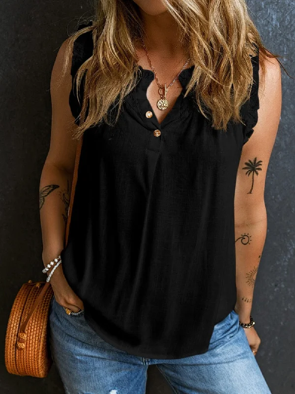 Temperament Commuter Ruffle Stitching V-neck Pullover Sleeveless Vest Cold Shoulder Design Temperament Commuter Ruffle Stitching V-neck Pullover Sleeveless Vest Cold Shoulder Design