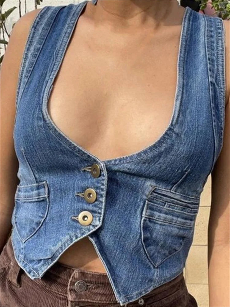 Women Denim Vest Sleeveless Deep V Neck Buttons Up Outwear Gilet with Pockets Casual Slim Exposed Navel Clubwear Crop Top Welt Pockets Slit Pockets Flap Pockets Women Denim Vest Sleeveless Deep V Neck Buttons Up Outwear Gilet with Pockets Casual Slim Exposed Navel Clubwear Crop Top Welt Pockets Slit Pockets Flap Pockets