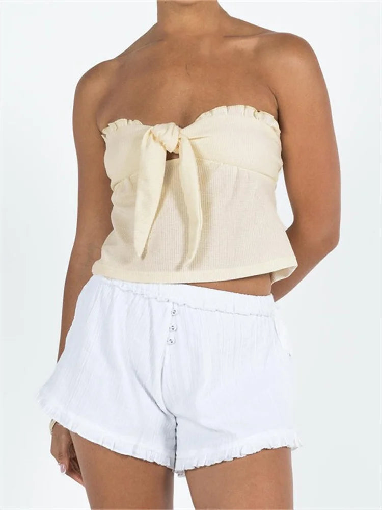Strapless Ruffles Ribbed Tube for Women 2024 Summer Off Shoulder Front Lace-up Slim Fit Solid Mini Vest New Crop Top Spandex Blend Rayon Blend Denim Blend Strapless Ruffles Ribbed Tube for Women 2024 Summer Off Shoulder Front Lace-up Slim Fit Solid Mini Vest New Crop Top Spandex Blend Rayon Blend Denim Blend