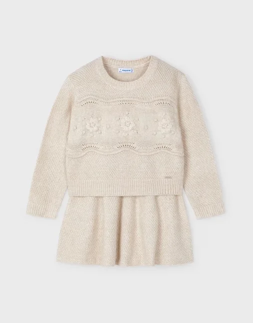 4935 Mini Girls Tricot Skirt and Sweater Set - Sand Transparent Opaque Sheer