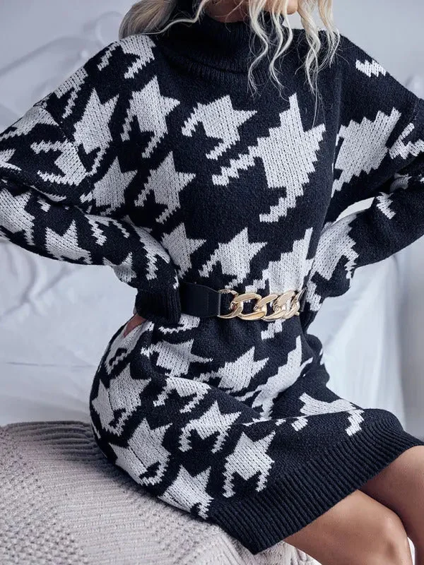 High neck loose long sleeve sweater dress Wool Fabric Cashmere Fabric Tweed Fabric
