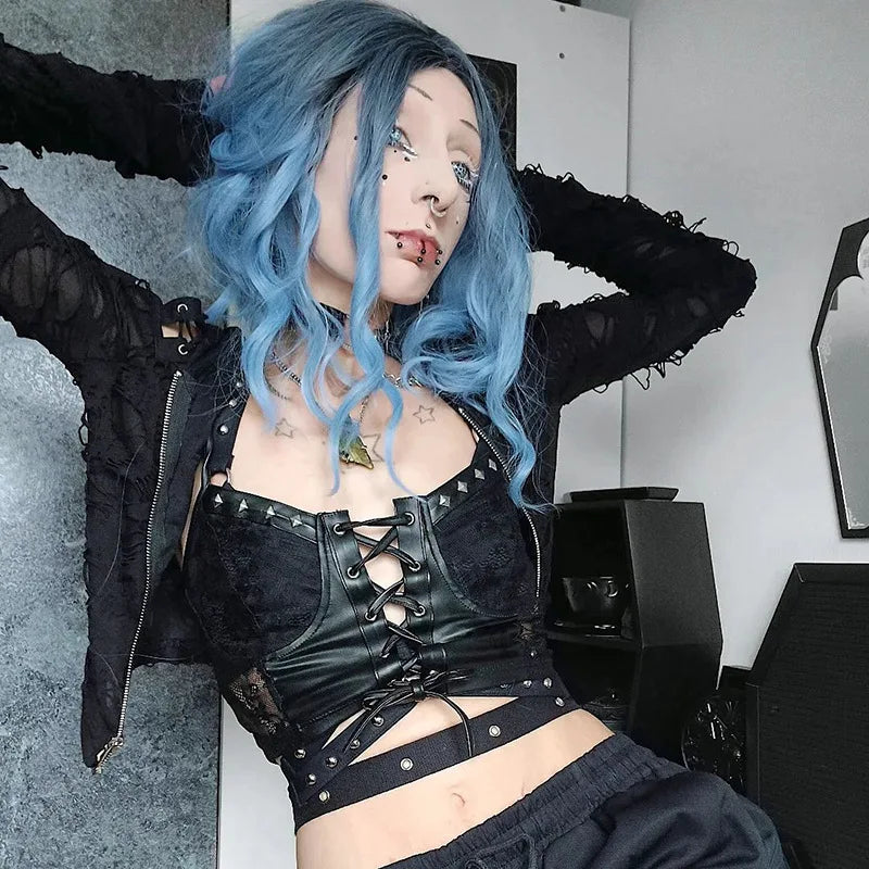 Cyber Gothic PU Leather Lace-up Y2K Emo Grunge Crop Top Lace Blend Ribbed Blend Corduroy Blend Cyber Gothic PU Leather Lace-up Y2K Emo Grunge Crop Top Lace Blend Ribbed Blend Corduroy Blend