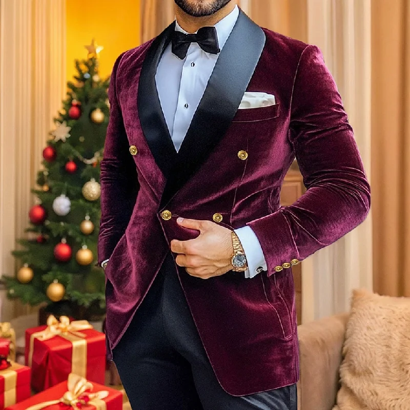 Men's Vintage Party Velvet Patchwork Long Standard Fit Double Breasted Four-buttons Blazer Jacket Satin Fabric Silk Fabric Chiffon Fabric