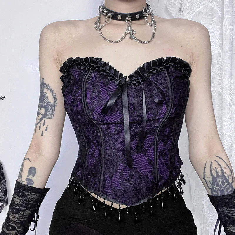 Gothic Spaghetti Strap Corset Punk Grunge Sexy Halloween Clothing Crop Top Mesh Blend Leather Blend Suede Blend Gothic Spaghetti Strap Corset Punk Grunge Sexy Halloween Clothing Crop Top Mesh Blend Leather Blend Suede Blend