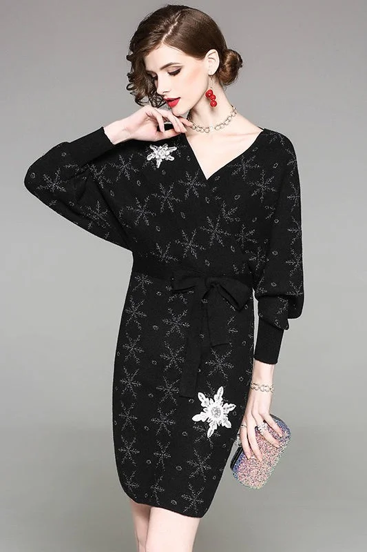 V Neck Snowflake Sweater Dress Knit Fabric Woven Fabric Fleece Fabric