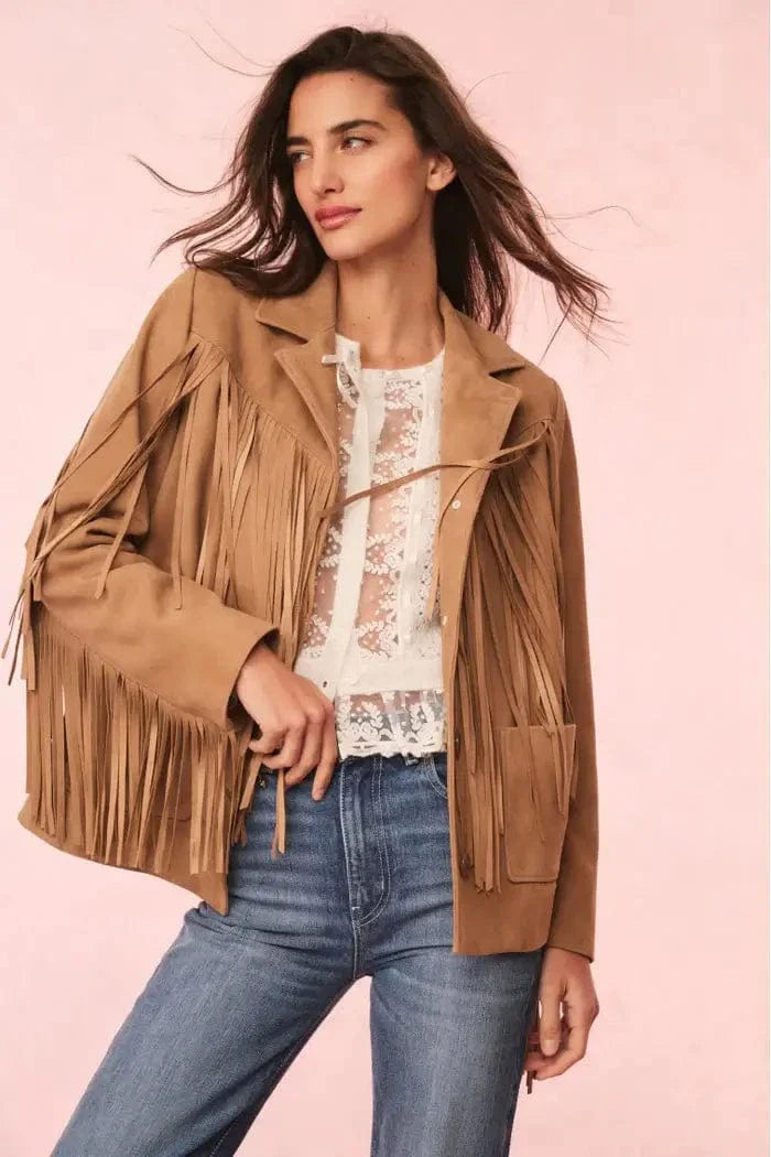 Love Shack Fancy - Geraline Jacket in Camel Knit Fabric Woven Fabric Fleece Fabric