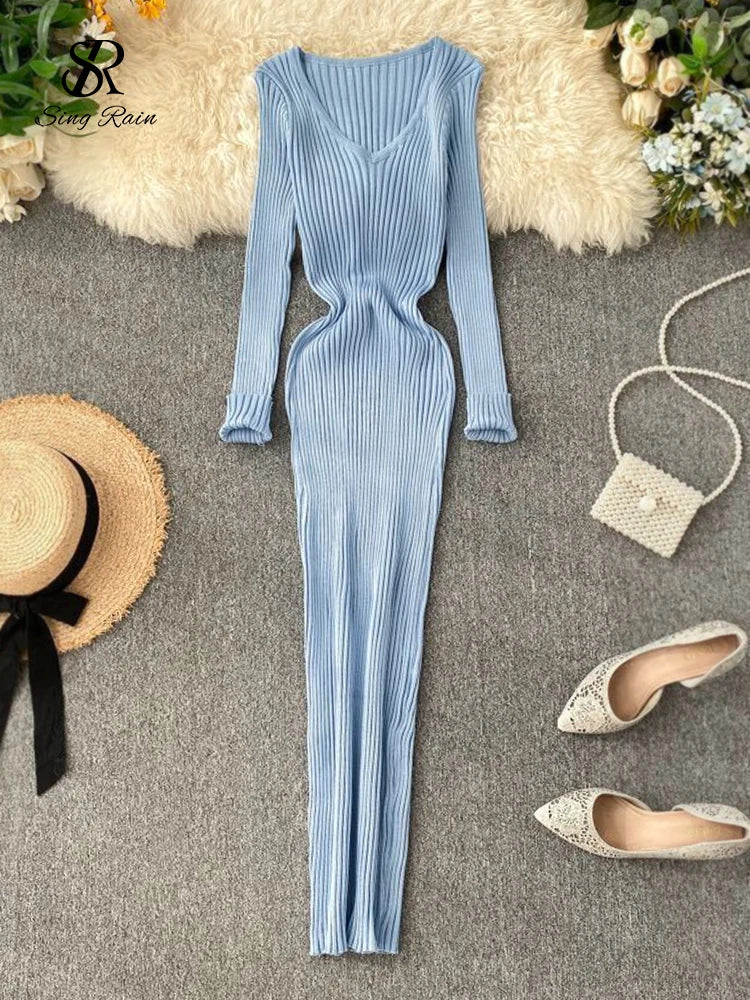Yipinpay Women Autumn Knitted Dress V Neck Sexy Slim Elastic Oversized Basic Bodycon Long Dress Winter knit Warm Sweater Dresses Elegant Classic Vintage Yipinpay Women Autumn Knitted Dress V Neck Sexy Slim Elastic Oversized Basic Bodycon Long Dress Winter knit Warm Sweater Dresses Elegant Classic Vintage