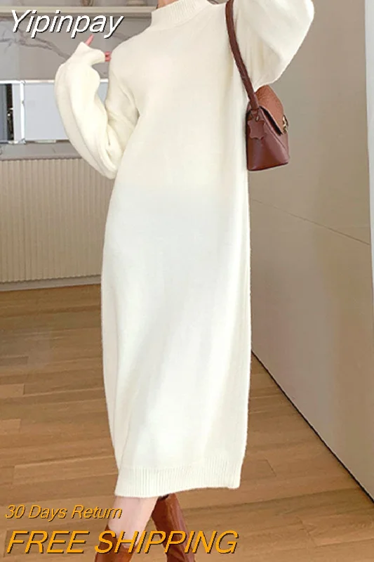 Yipinpay White Knitted Long Dress Women Autumn Vintage Half High Collar Warm Sweater Dress Korean Casual Chic Evening Y2k Dress Nylon Fabric Polyester Fabric Spandex Fabric Yipinpay White Knitted Long Dress Women Autumn Vintage Half High Collar Warm Sweater Dress Korean Casual Chic Evening Y2k Dress Nylon Fabric Polyester Fabric Spandex Fabric