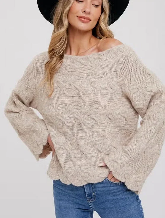 Women's/Junior Knit Boat Neck Flare Sleeve Pullover Sweater - Oatmeal Over Sleeve Pullover