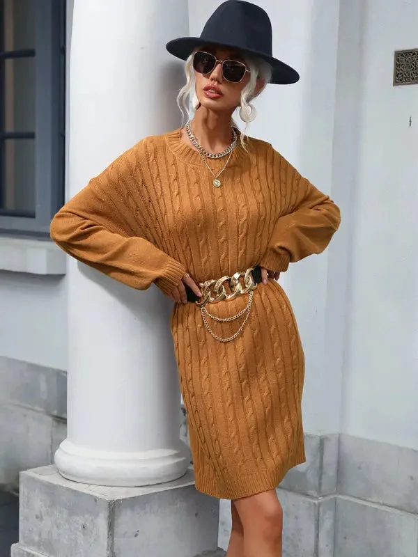 Blue Zone Planet | round neck stranded flower long sweater dress (without belt) Neon Metallic Matte Blue Zone Planet | round neck stranded flower long sweater dress (without belt) Neon Metallic Matte