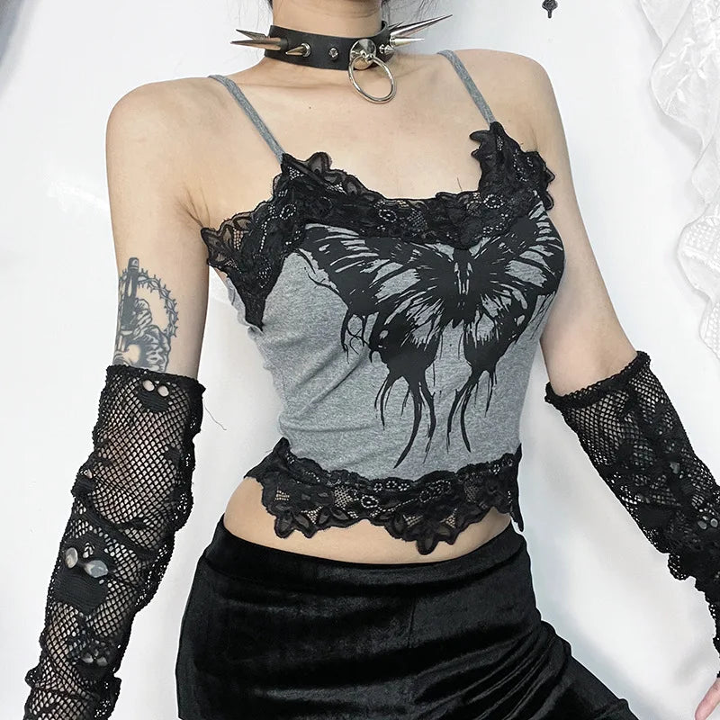 Women's Butterfly Skull Print Contrast Lace Strap Sleeveless Punk Gothic Crop Top Machine Wash Dry Clean Hand Wash Women's Butterfly Skull Print Contrast Lace Strap Sleeveless Punk Gothic Crop Top Machine Wash Dry Clean Hand Wash