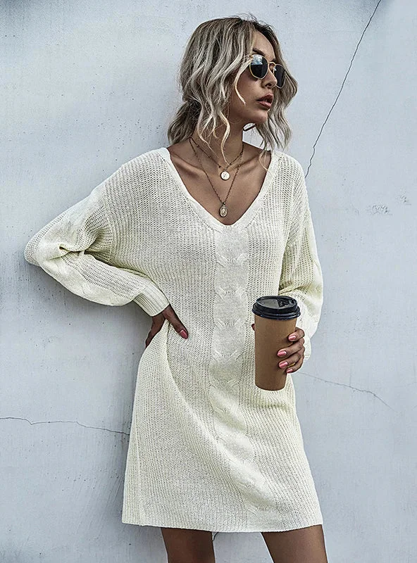 Casual Long V-Neck Pullover Sweater Dress Long Bell Sleeve