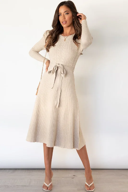 Round Neck Long Sleeve Tie Waist Sweater Dress Cotton Fabric Linen Fabric Terry Fabric Round Neck Long Sleeve Tie Waist Sweater Dress Cotton Fabric Linen Fabric Terry Fabric