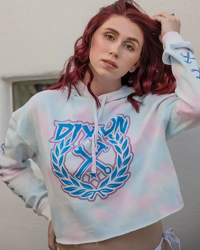 Women's Party Crest Crop Pullover Hoodie - Cotton Candy Textured Knit Design