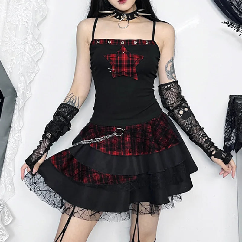 Gothic Vintage Punk Grunge Hip Hop Spaghetti Strap Star Ribbed Sleeveless Crop Top Graphic Embroidered Appliqued Gothic Vintage Punk Grunge Hip Hop Spaghetti Strap Star Ribbed Sleeveless Crop Top Graphic Embroidered Appliqued