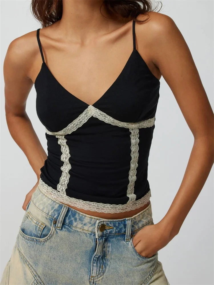 Retro Women V Neck Sleeveless Spaghetti Strap Lace Patchwork Summer Slim Fit Party Mini Vest Clubwear Crop Top Collared Crew Neck Turtle Neck Retro Women V Neck Sleeveless Spaghetti Strap Lace Patchwork Summer Slim Fit Party Mini Vest Clubwear Crop Top Collared Crew Neck Turtle Neck