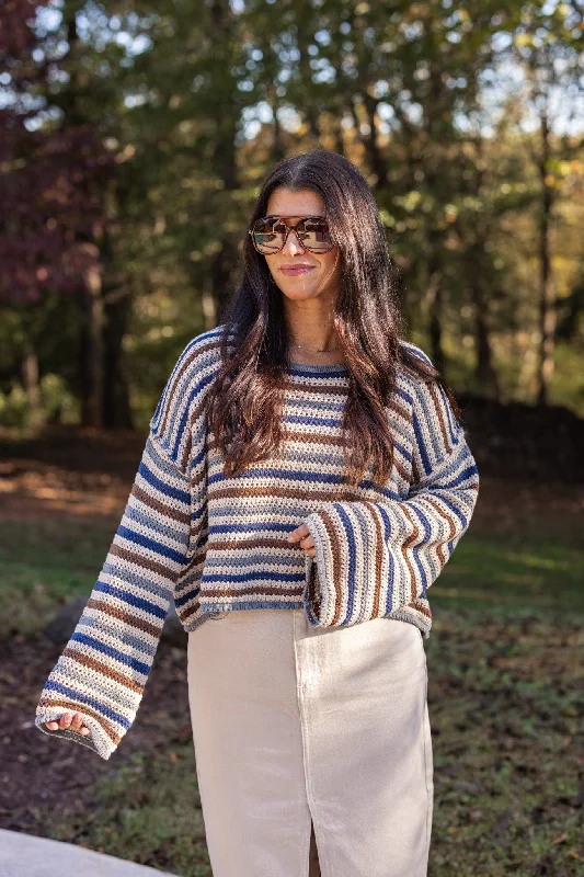 Striped Bliss Navy Crochet Sweater Iron Safe Non-Iron Wrinkle Free