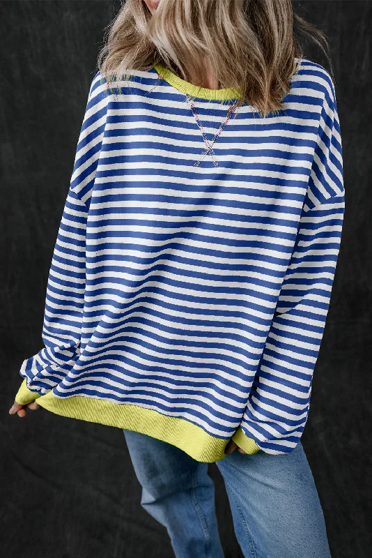 Blue Stripe Oversized Contrast Trim Pullover Sweatshirt V-Neck Stylish Pullover