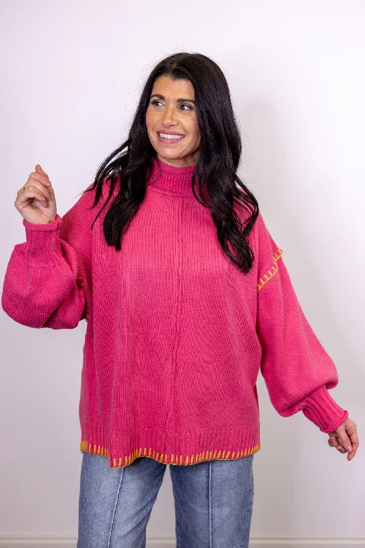 In Stitches Pink Colorblock Sweater Welt Pockets Slit Pockets Flap Pockets