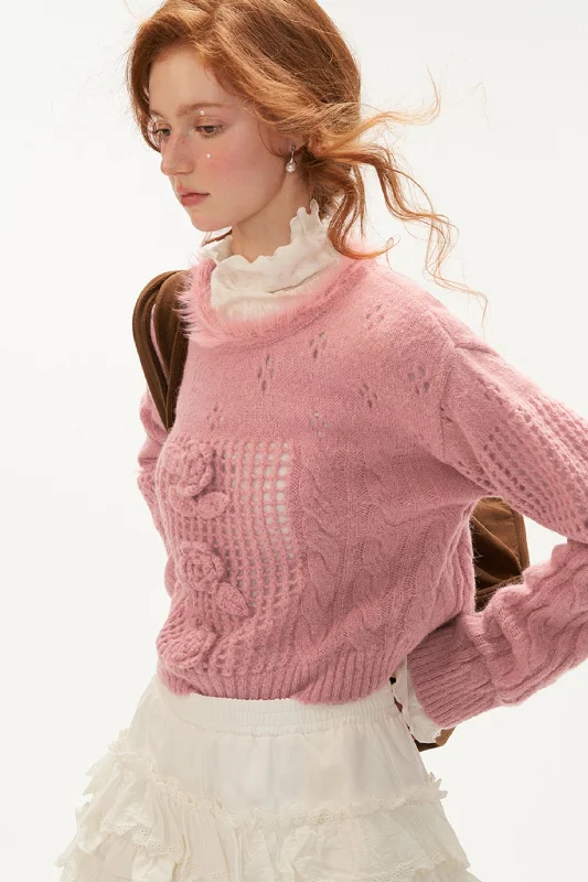 Rose Lace Cable Knit Sweater Oversized Loose Flowy