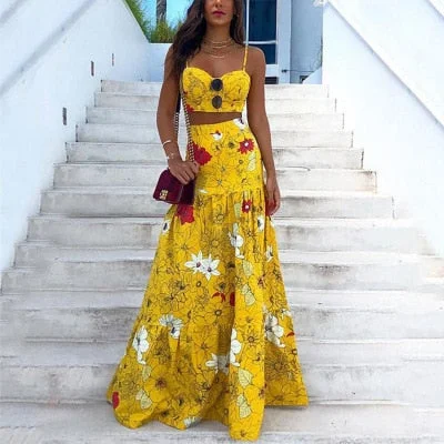 Floral Print Spaghetti Strap Crop Top And Maxi Long Skirt 2 Piece Sets Chenille Fabric Brocade Fabric Lace Fabric Floral Print Spaghetti Strap Crop Top And Maxi Long Skirt 2 Piece Sets Chenille Fabric Brocade Fabric Lace Fabric