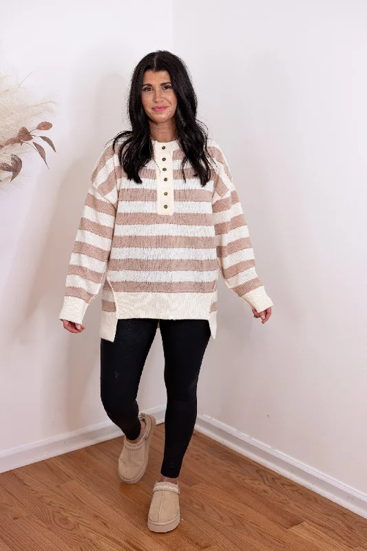Comfy Perfection Taupe Striped Sweater Denim Fabric Leather Fabric Suede Fabric