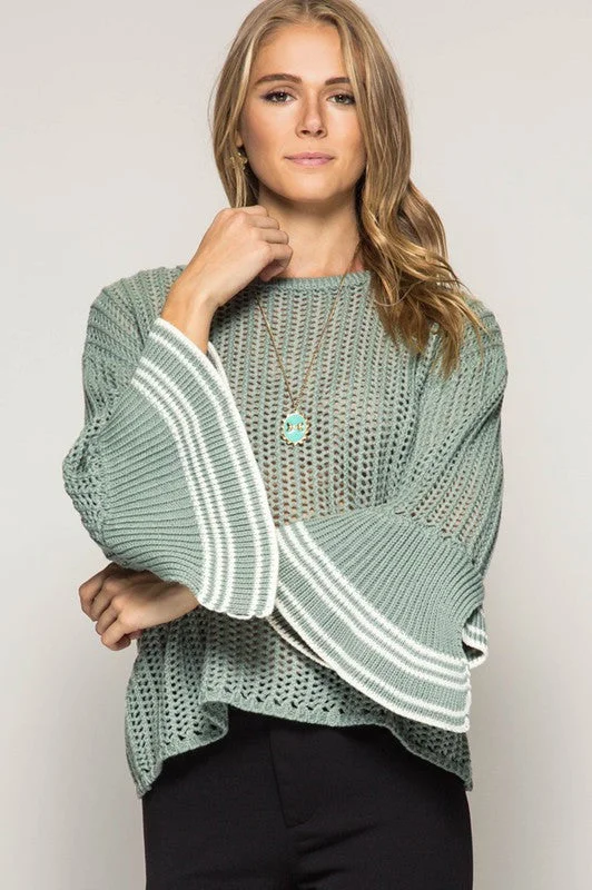 Bell Sleeve Sweater W/ Stripe Detail Machine Wash Dry Clean Hand Wash