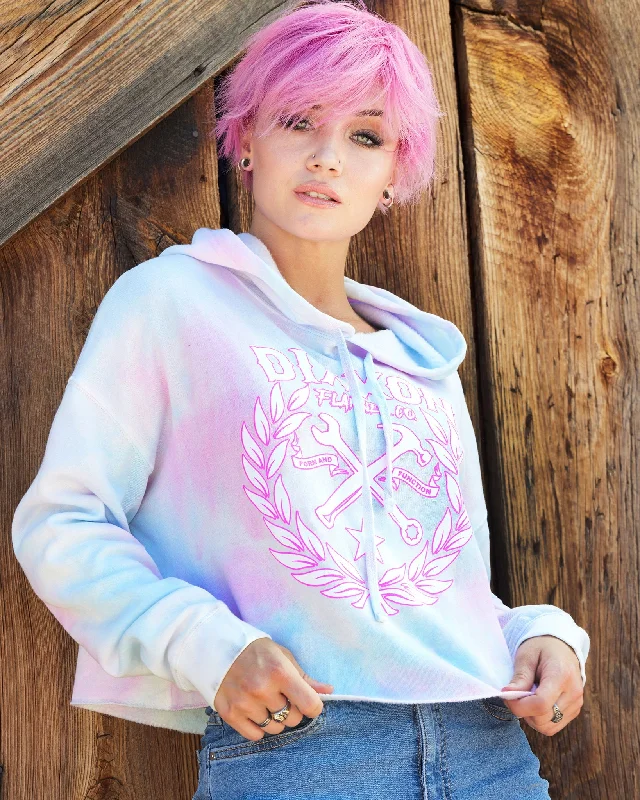 Women's Sketchy Crest Crop Pullover Hoodie - Cotton Candy Ruffle Neck Pullover