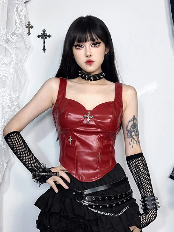 Gothic Grunge Punk Cross Leather Corset Crop Top Mesh Blend Leather Blend Suede Blend Gothic Grunge Punk Cross Leather Corset Crop Top Mesh Blend Leather Blend Suede Blend