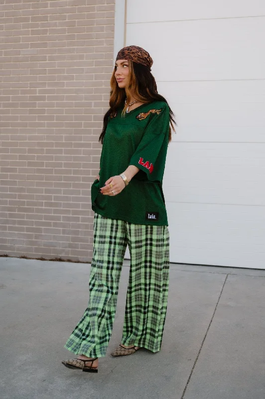 Rebel Road Plaid Wide Leg Trousers in Lime Trousers Tapered Slim Fit