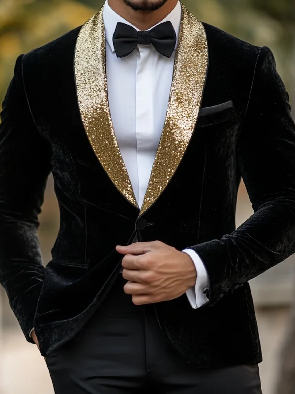 Black Men's Regular Standard Fit One-button Vintage Party Velvet Blazer Jacket Front Pockets Side Pockets Patch Pockets