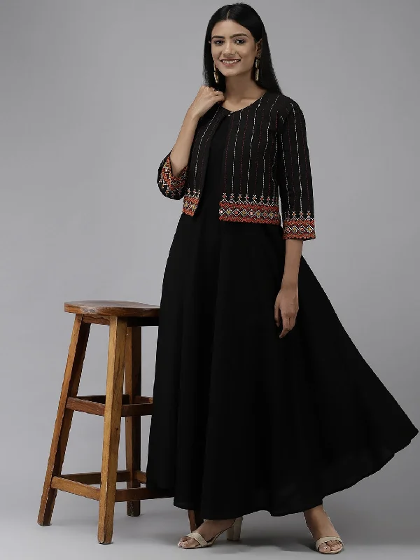Black Ethnic Dress With Jacket Notch Collar Jacket Peter Pan Collar Jacket Cowl Neck Jacket Black Ethnic Dress With Jacket Notch Collar Jacket Peter Pan Collar Jacket Cowl Neck Jacket
