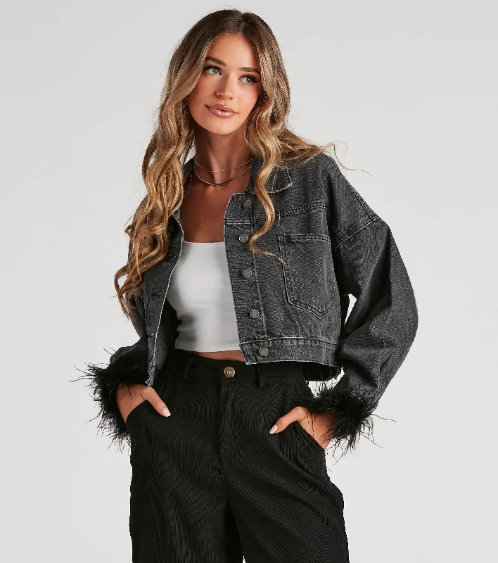 Here To Standout Marabou Denim Jacket Zippered Jacket Buttoned Jacket Snapped Jacket