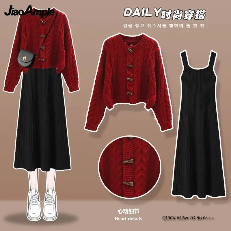 Yipinpay Autumn Winter Korean Elegant New in Matching Set Women's Casual Knitted Sweater Jacket Strap Dress Two Piece Female Clothes Toggled Drawstring Belted Yipinpay Autumn Winter Korean Elegant New in Matching Set Women's Casual Knitted Sweater Jacket Strap Dress Two Piece Female Clothes Toggled Drawstring Belted
