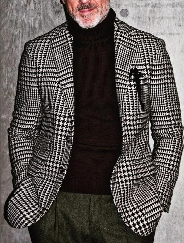 Men's Tailored Fit Single Breasted Two-buttons Houndstooth Casual Jacket Print Jacket Jacquard Jacket Patchwork Jacket