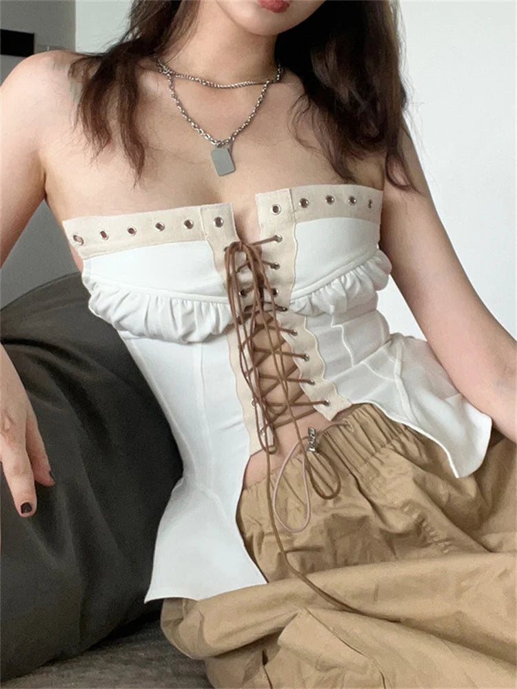 Y2K Strapless Off Shoulder Tube Cropped Summer Clubwear Front Hollow Out Criss-cross Tie-up for Women Vest Crop Top Graphic Embroidered Appliqued Y2K Strapless Off Shoulder Tube Cropped Summer Clubwear Front Hollow Out Criss-cross Tie-up for Women Vest Crop Top Graphic Embroidered Appliqued