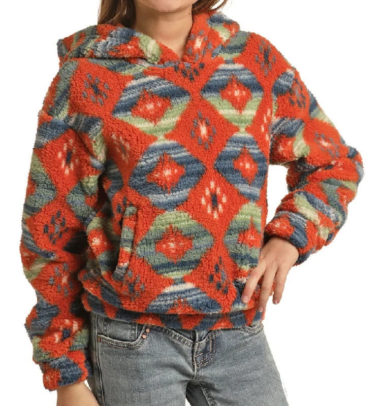 Rock & Roll Girls' Vibrant Aztec Sherpa Pullover BURNT ORANGE Sheath Sleeve Elegant
