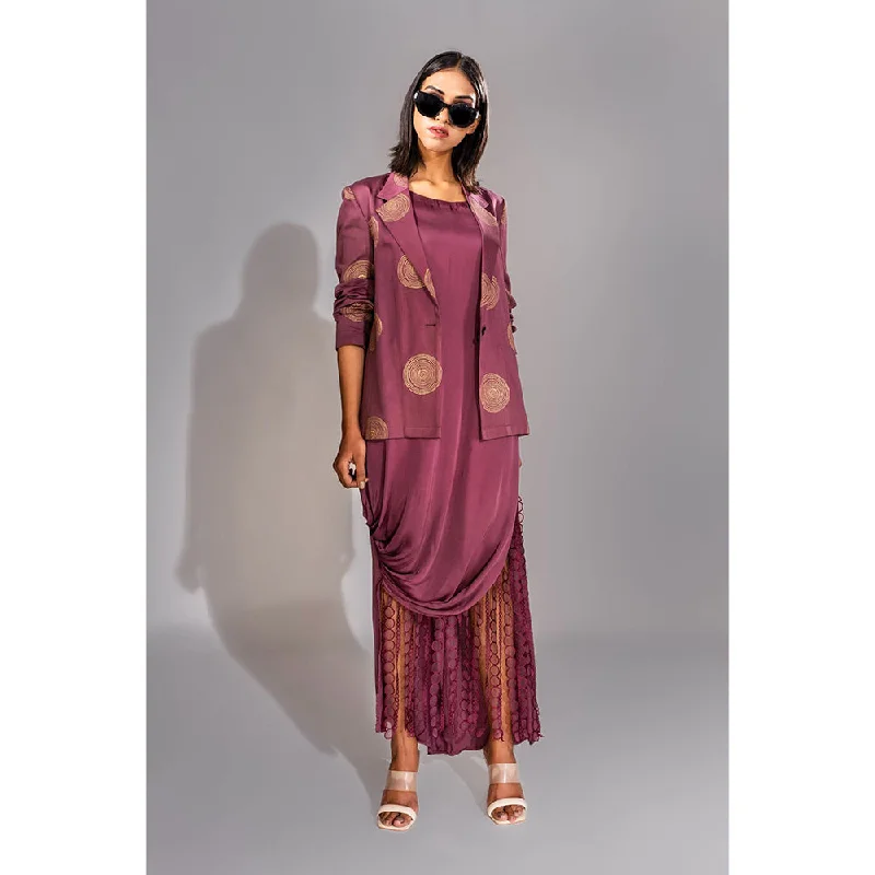 Shruti S Wine Jacket with Midi Dress in Hangings (Set of 2) Faux Fur Fabric Real Fur Fabric Shearling Fabric