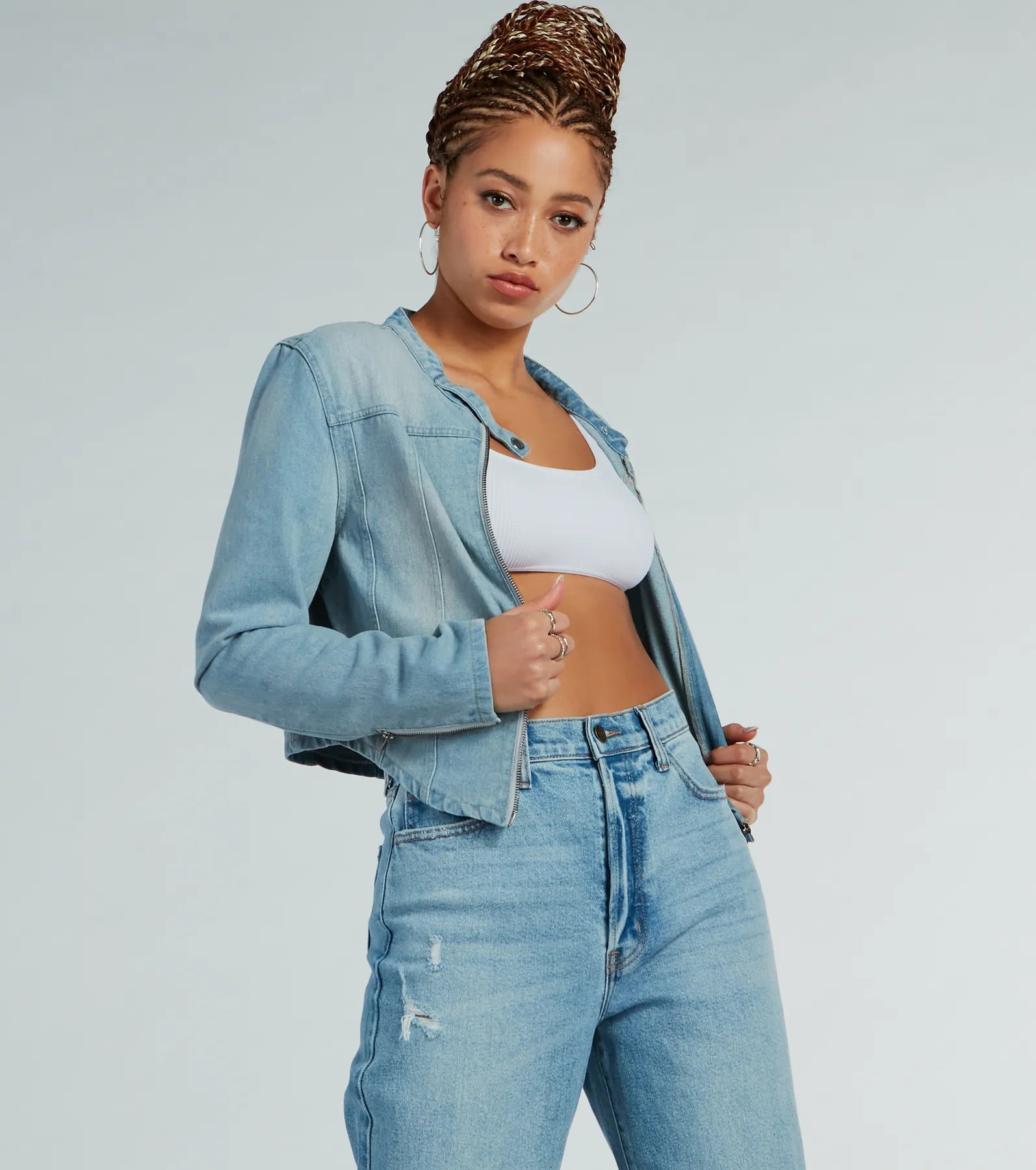Time To Slay Zip-Up Denim Moto Jacket Satin Jacket Silk Jacket Chiffon Jacket