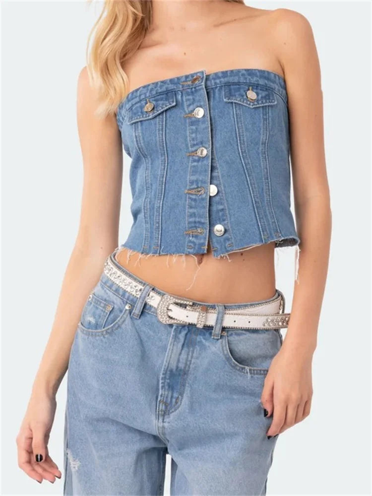 Sexy Women Denim Tube Strapless Slim Fit Button Down Bustiers Corsets Streetwear Summer Off Shoulder Vests Crop Top Real Fur Shearling Chenille Sexy Women Denim Tube Strapless Slim Fit Button Down Bustiers Corsets Streetwear Summer Off Shoulder Vests Crop Top Real Fur Shearling Chenille