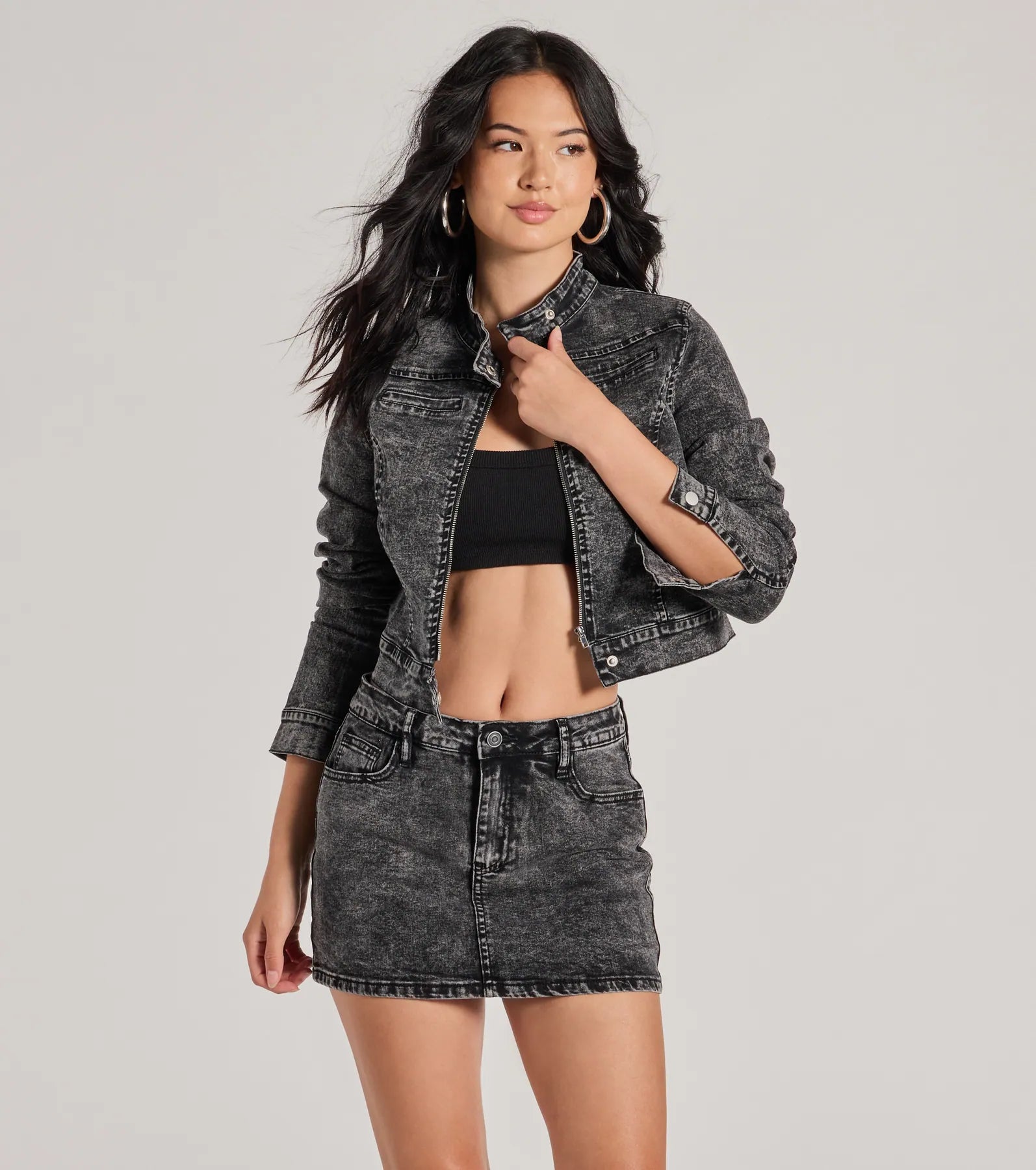 Edgy Arrival Moto Acid Wash Denim Jacket Front Pockets Side Pockets Patch Pockets