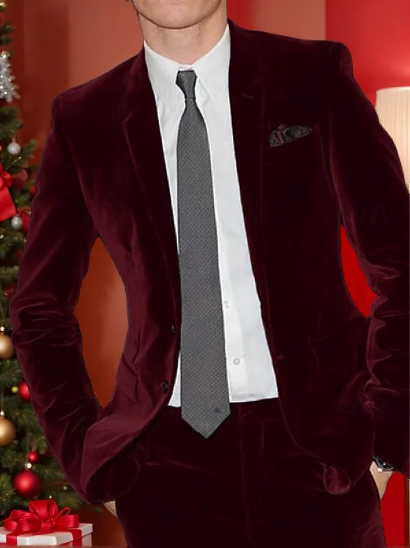 Burgundy Men's Velvet Single Breasted Two-Buttons Solid Wedding Party Suit Jacket Cardigan Sweater Pullover